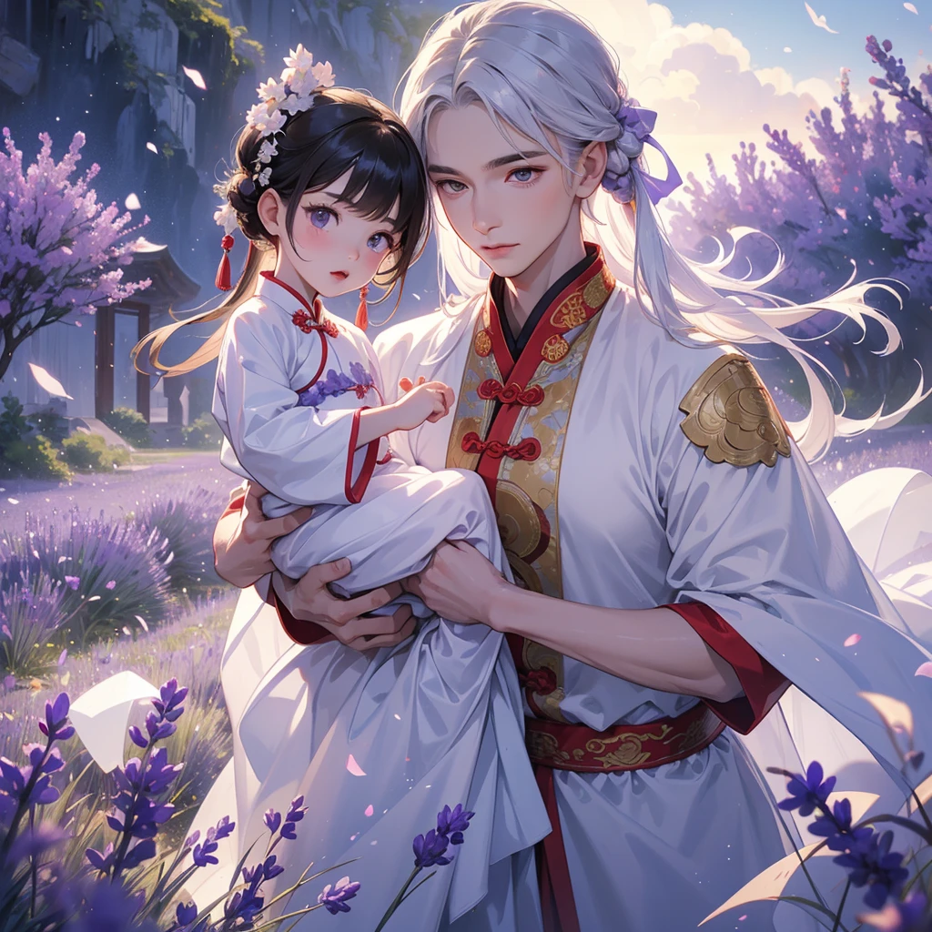 A one-year-old baby boy in an ancient Chinese baby costume with his beautiful mother, dressed in an white ancient Chinese costume, Stroll among the purple lavender fields , There are some floating clouds, playing with each other, with his handsome father standing next to his mother, close up.