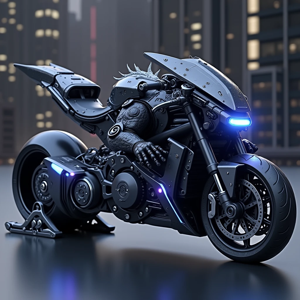 a cyberpunk dragon-like creature, intricate mechanical details, glowing blue and purple lights, futuristic motorcycle, metallic textures, cinematic lighting, moody atmosphere, (best quality,4k,8k,highres,masterpiece:1.2),ultra-detailed,(realistic,photorealistic,photo-realistic:1.37),highly detailed, cinematic, dramatic lighting, intricate machinery, glowing cybernetic enhancements, moody color palette, science fiction