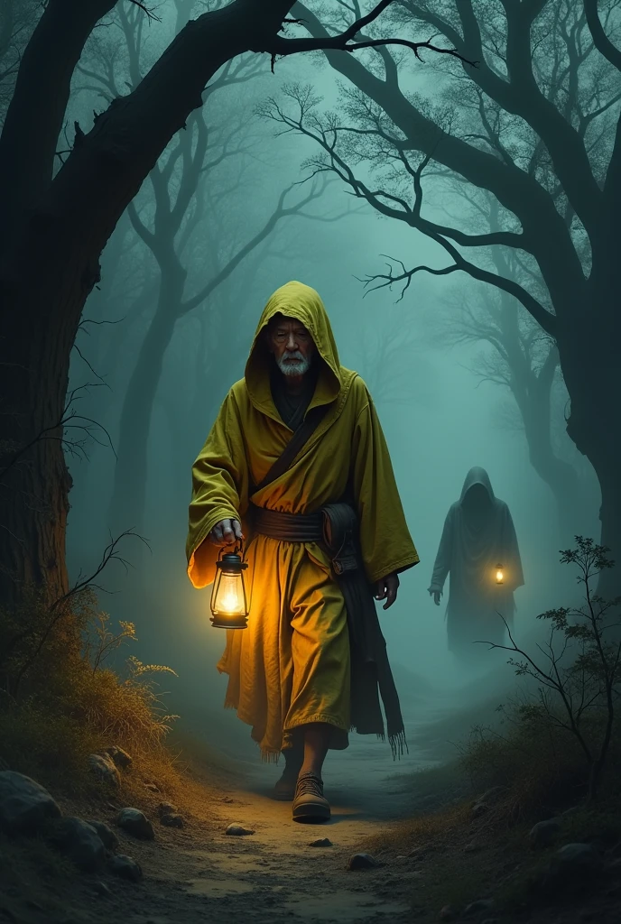 a 90 year old Asian man in shabby yellow hood robe carrying a lantern through a dark mystical forest, portrait shot, close up, crawd of dead man zombie