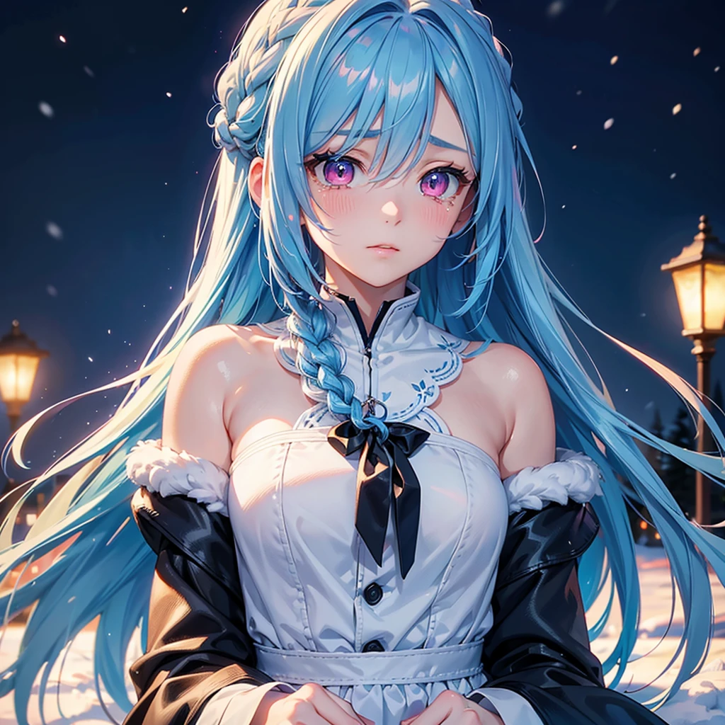 (Tying her sky blue hair into a single braid),(Pink Eyes),Fair skin,whole body,alone,Lonely face,tears,(Snowy Night),A lonely girl who got dumped just before Christmas,(masterpiece, Highest quality, Very detailed), Best Shadow,Detailed Background,Beautifully detailed face,High Contrast,Best lighting, Very delicate and beautiful,Cinematic Light,Hyper Detail,8k,Dramatic Light,Exquisite detail,