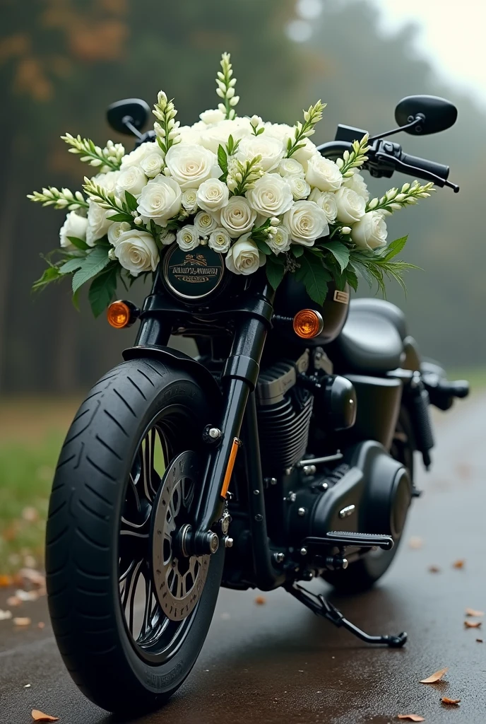 Harley motorcycle with a crown of white flowers and a black mourning bow