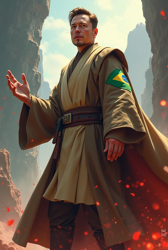 Image of Elon Musk wearing a Star Wars obi outfit with a Brazilian patch with lifting power over Voldemort away in a battle; insert Voldemort flying away