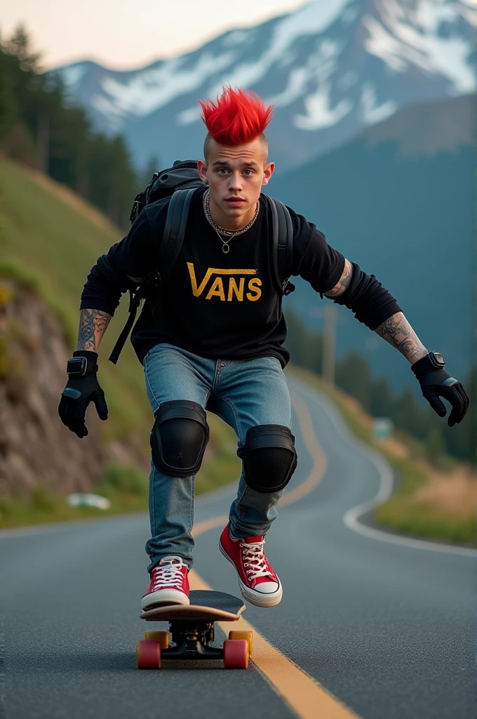 a young Punk skateboarding with red mohawk and upturned jacket covered in tattoos on his arms, confidently riding a skateboard down a winding mountain road ferry fasted, framed by the night golden light of the street. He is wearing a black t-shirt with a vintage VAN logo on his chest and a bag on his back, and denims jeans and use red converse shoes. The man look at the camera, his hands protected by black gloves, adding a personal touch to the thrilling scene. He also wears knee and elbow pads, ensuring safety as he navigates the turns with ease. The background is midnight lanscape features rolling green hills and snow-capped mountains in the distance, creating a stunning contrast to the rider’s dynamic movements, amplifying the excitement. In the distance. The image exudes the thrill of downhill skateboarding, the beauty of the natural scenery, and the fearless energy of the rider, with an Instagram-worthy night atmosphere.