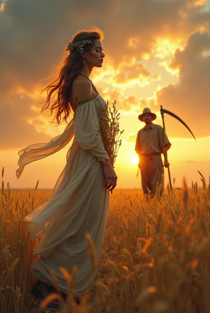 A serene tableau of a young lady, her garments fluttering in the soft breeze, standing tall amidst a sea of golden wheat. Her ethereal beauty is a stark contrast to the tumultuous backdrop of the Steppes, where the distant horizon is set ablaze by the fiery chaos of the Golden Hoard's war. She holds a bouquet of wildflowers, her eyes closed in a peaceful slumber, while a gentle smile graces her lips. The sun, just beginning to dip below the horizon, casts a warm glow upon her, bathing her in a golden halo. Her attire is a blend of nomadic finery and practicality, with intricate beadwork and flowing fabrics that have been slightly tattered by her journey. The wheat field, a symbol of life and sustenance, surrounds her like a protective embrace. A weathered farmer, his expression a mix of surprise and compassion, approaches with quiet steps, his scythe resting against his shoulder. His eyes are filled with wonder as he beholds this unexpected vision of grace amidst the harsh reality of his land. His simple, earth-stained clothes and worn boots tell a story of hard work and resilience. The stark difference between the young lady's delicate features and the farmer's weathered ones speaks to the vastness of their worlds colliding. The vibrant oranges and yellows of the setting sun play off the deep blues of the encroaching night sky, creating a dramatic play of light and shadow across the field. The scene is one of beauty born from adversity, as the tranquility of the moment is poised precariously on the edge of an encroaching storm of war and change.