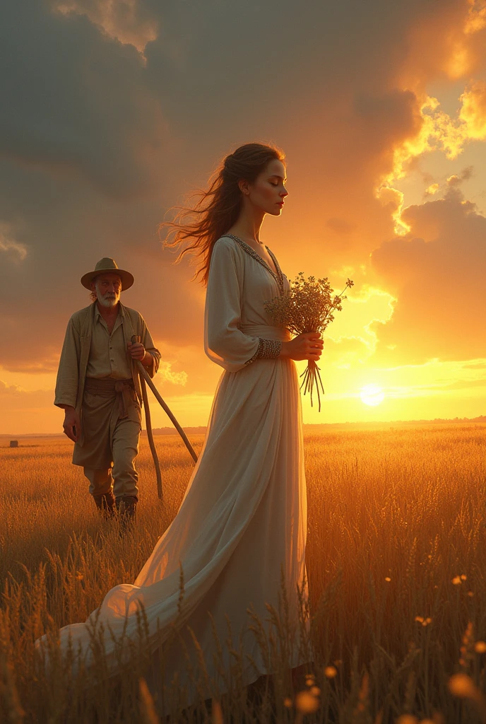 A serene tableau of a young lady, her garments fluttering in the soft breeze, standing tall amidst a sea of golden wheat. Her ethereal beauty is a stark contrast to the tumultuous backdrop of the Steppes, where the distant horizon is set ablaze by the fiery chaos of the Golden Hoard's war. She holds a bouquet of wildflowers, her eyes closed in a peaceful slumber, while a gentle smile graces her lips. The sun, just beginning to dip below the horizon, casts a warm glow upon her, bathing her in a golden halo. Her attire is a blend of nomadic finery and practicality, with intricate beadwork and flowing fabrics that have been slightly tattered by her journey. The wheat field, a symbol of life and sustenance, surrounds her like a protective embrace. A weathered farmer, his expression a mix of surprise and compassion, approaches with quiet steps, his scythe resting against his shoulder. His eyes are filled with wonder as he beholds this unexpected vision of grace amidst the harsh reality of his land. His simple, earth-stained clothes and worn boots tell a story of hard work and resilience. The stark difference between the young lady's delicate features and the farmer's weathered ones speaks to the vastness of their worlds colliding. The vibrant oranges and yellows of the setting sun play off the deep blues of the encroaching night sky, creating a dramatic play of light and shadow across the field. The scene is one of beauty born from adversity, as the tranquility of the moment is poised precariously on the edge of an encroaching storm of war and change.