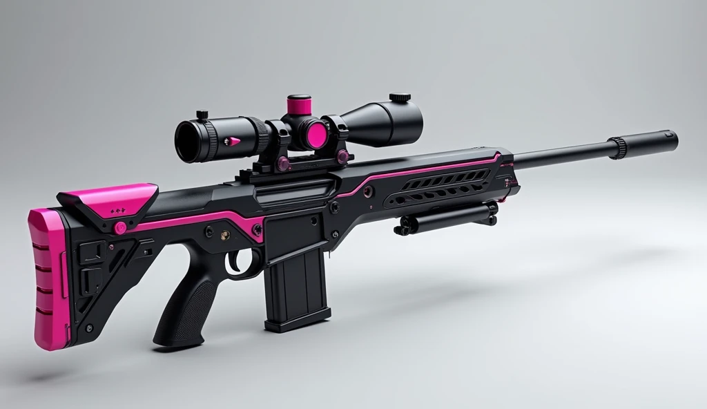 A sleek, high-caliber sniper rifle equipped with advanced optics and a stabilizing system that integrates with Elara's telekinetic abilities, allowing for precise, controlled shots. Matte black with pink accents. 3D Rendering, Super Detailed, Textured Skin, High Resolution, High Quality,