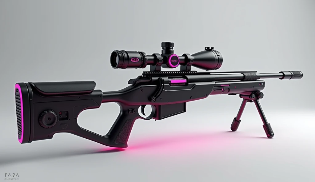 A sleek, high-caliber sniper rifle equipped with advanced optics and a stabilizing system that integrates with Elara's telekinetic abilities, allowing for precise, controlled shots. Matte black with pink accents. 3D Rendering, Super Detailed, Textured Skin, High Resolution, High Quality, 