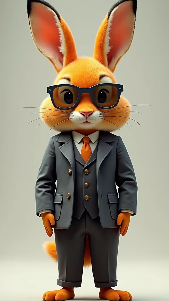 a full body orange hare, with the suit from the reference image and with realistic warning glasses like the reference image
