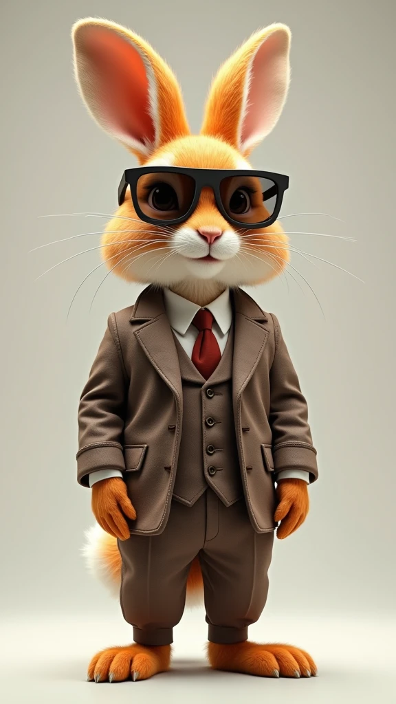 a full body orange hare, with the suit from the reference image and with realistic warning glasses like the reference image