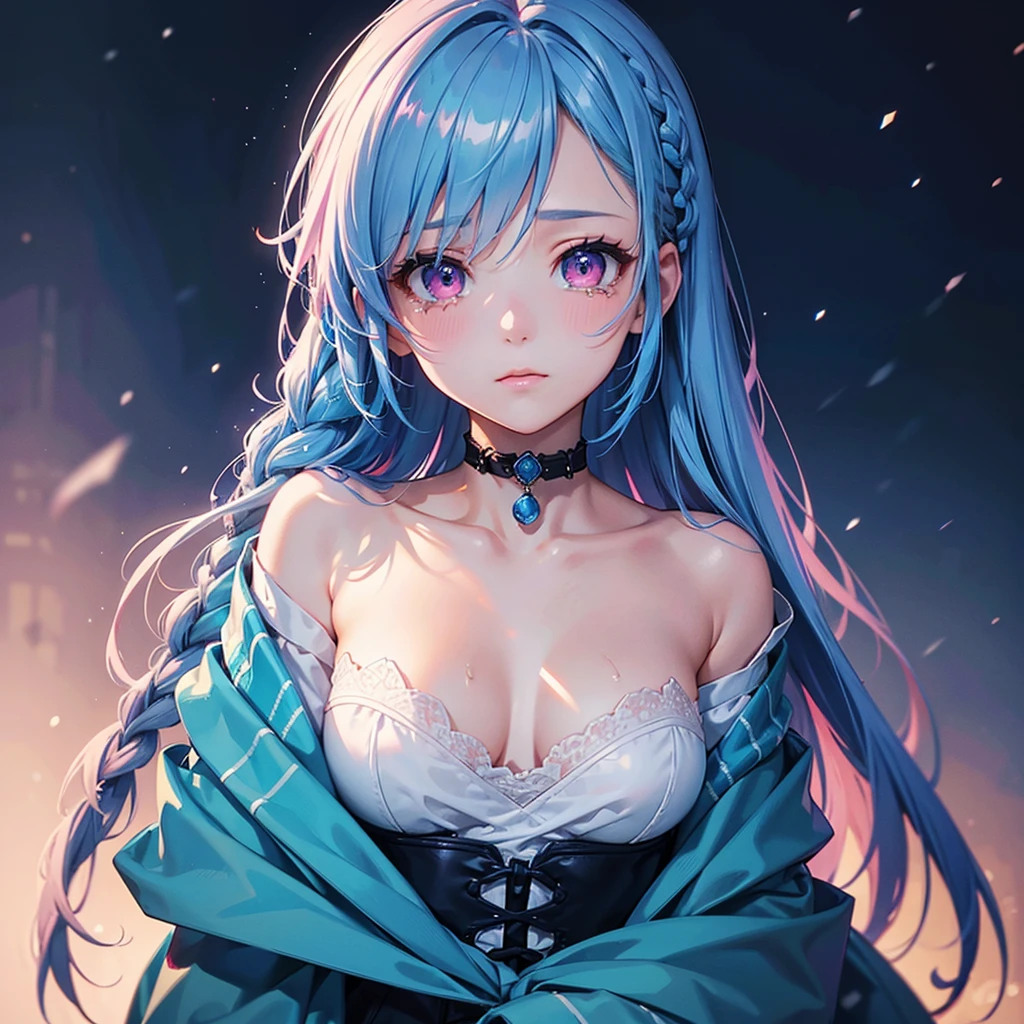 (Tying her sky blue hair into a single braid),(Pink Eyes),Fair skin,whole body,alone,Lonely face,tears,(Snowy Night),A lonely girl who got dumped just before Christmas,(masterpiece, Highest quality, Very detailed), Best Shadow,Detailed Background,Beautifully detailed face,High Contrast,Best lighting, Very delicate and beautiful,Cinematic Light,Hyper Detail,8k,Dramatic Light,Exquisite detail,