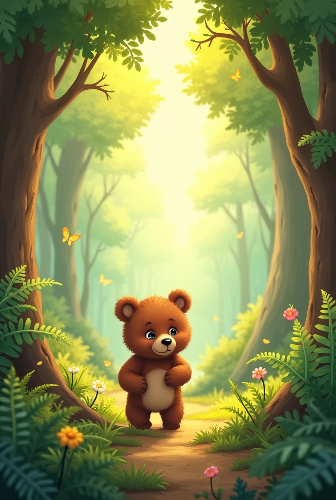 Create a cover for a story about a brown bear lost in the woods in cartoon style