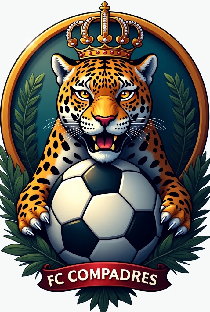 Make a circular football logo,  In the background a very realistic jaguar with a circular band where it says FC COMPADRES, and below a ball with a crown on it
