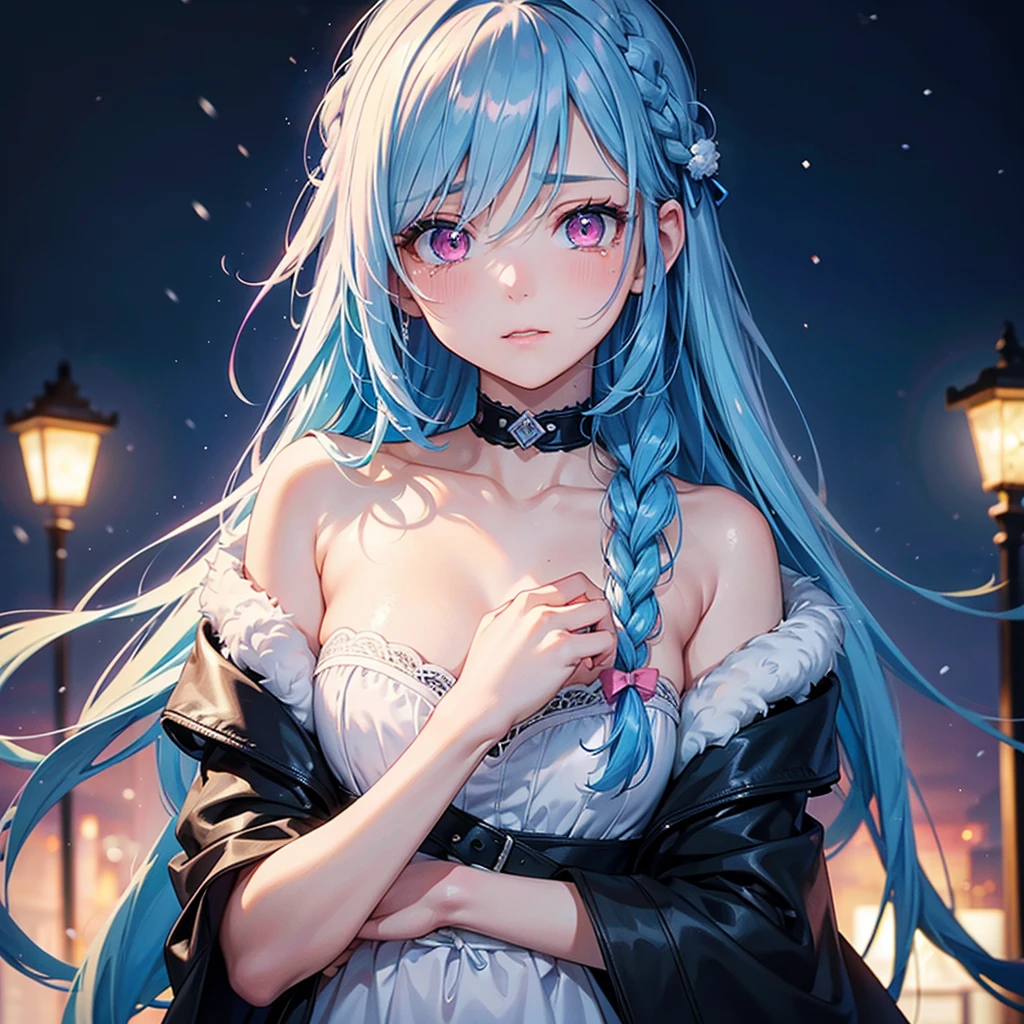 (Tying her sky blue hair into a single braid),(Pink Eyes),Fair skin,whole body,alone,Lonely face,tears,(Snowy Night),A lonely girl who got dumped just before Christmas,(masterpiece, Highest quality, Very detailed), Best Shadow,Detailed Background,Beautifully detailed face,High Contrast,Best lighting, Very delicate and beautiful,Cinematic Light,Hyper Detail,8k,Dramatic Light,Exquisite detail,