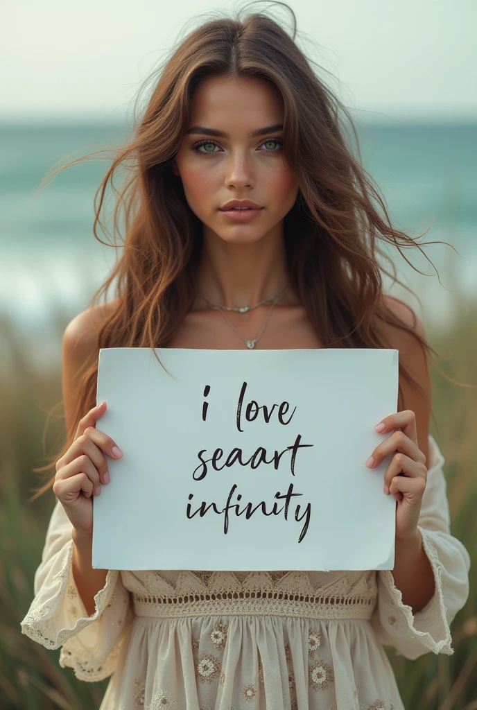 Beautiful girl with wavy long hair, bohemian dress, holding a white board with text "I Love Seaart Infinity" and showing it to the viewer