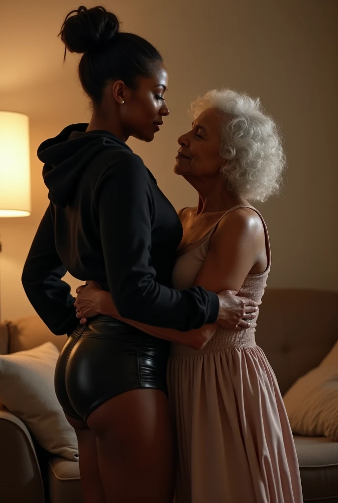 black woman hair in a bun black hoodie black leather short shorts getting fucked in the ass by a old age white grandma in a dress in a living room\
