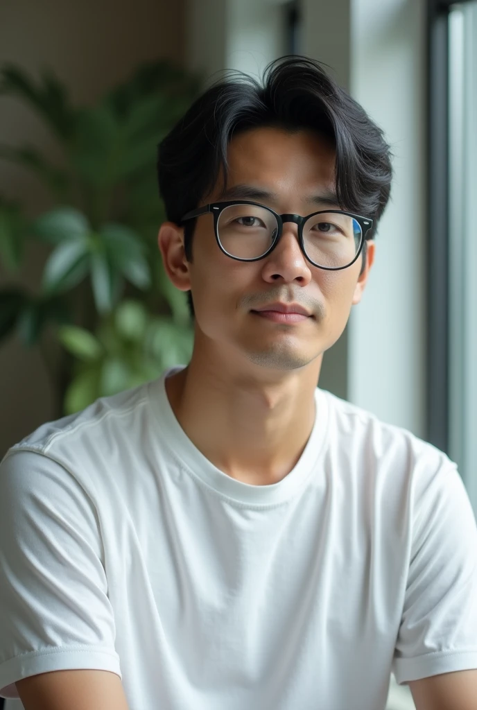 A detailed portrait of a Japanese man sitting indoors. The man has short, black hair with a natural sheen, slightly covering his forehead. His face is oval-shaped with a slightly broad forehead, and there are faint smile lines between his forehead and eyebrows. He is wearing glasses with a black, straight, and simple frame. The man has a calm expression, with slightly pursed thin lips. His skin has a natural tone with a slight shine. He is dressed in a white crew-neck T-shirt, with natural wrink、Character profile, Background blur, Minimalist, 