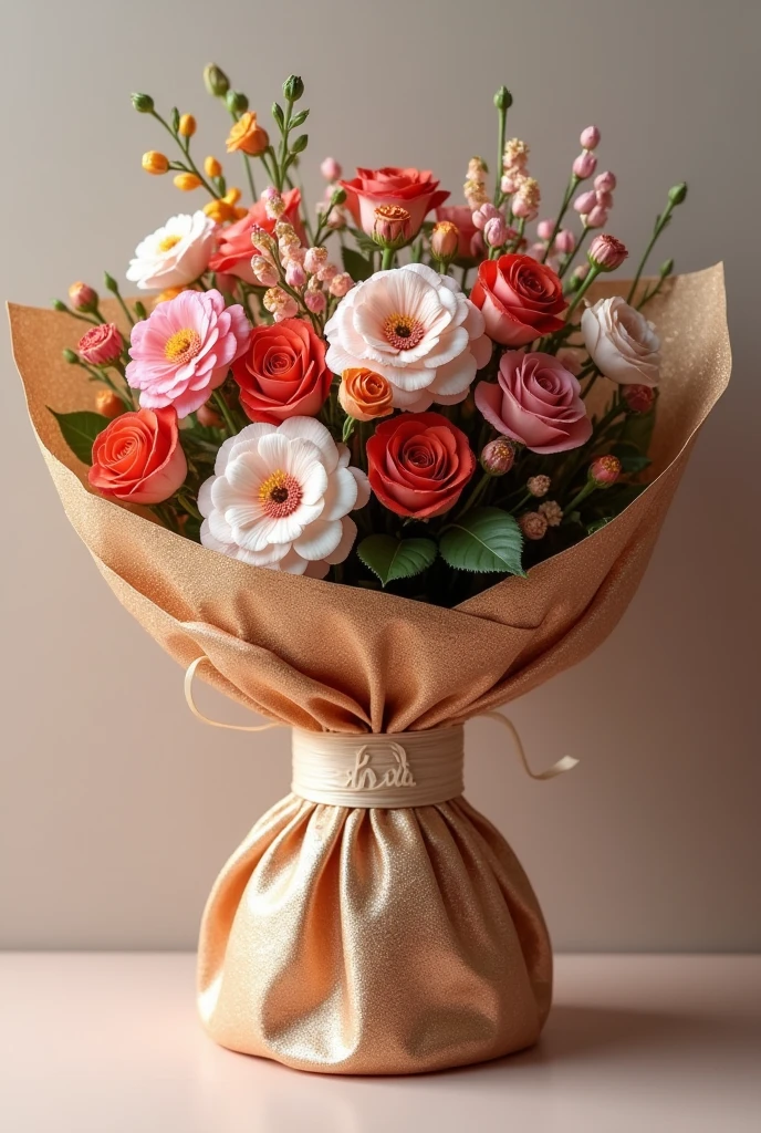 a floral bouqet wrapped in a golden silver embroidered fabric. In the center of the bouqet there is a small brand label of IRETI- font armies display