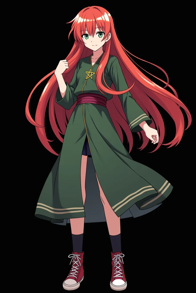 A full body image of an elderly girl, personagem do anime "JUJUTSU KAİSEN", she is very beautiful, with long, straight, fire-colored hair with two white streaks highlighted in the front, framing your face. She has blue-green eyes and pale skin.. she is a Wiccan, she is in fighting pose. she wears a pentagram necklace, beautiful women's high-top shoes and ¾-long socks. She is drawn with Gege Akutami's lines and animation style., criador de JUJUTSU KAİSEN. black backdrop.