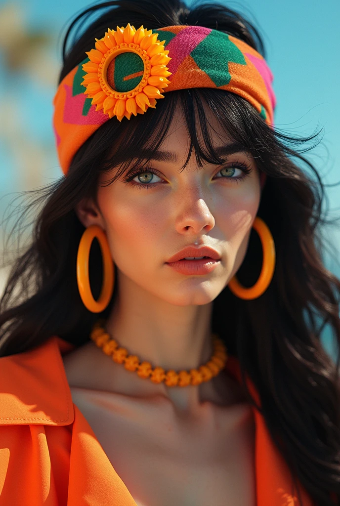 80s style woman with a fabric headband with a plastic accessory ring located in the middle, with earrings and hoop necklace of the same plastic material. The woman's hair is loose and brushed with a flat iron..