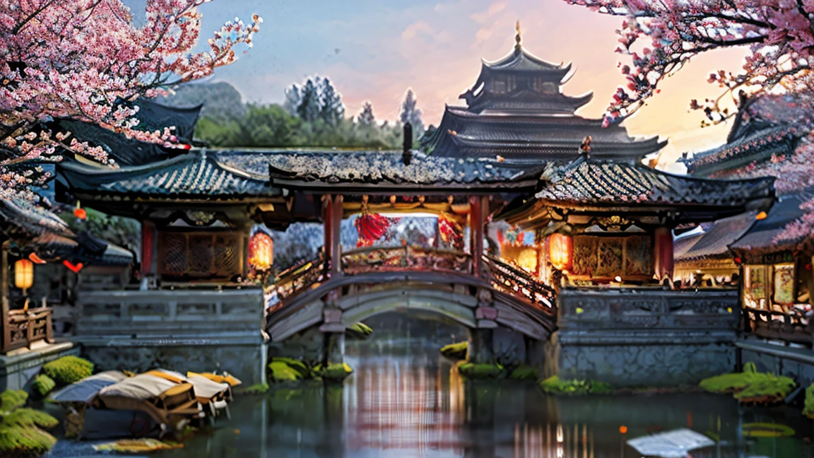 sakura cherry blossom garden, chinese imperial castle, traditional japanese garden, tranquil pond, stone bridge, pagoda, flowers, lush greenery, vibrant colors, soft lighting, intricate details, (best quality,4k,8k,highres,masterpiece:1.2),ultra-detailed,(realistic,photorealistic,photo-realistic:1.37),stunning landscape, breathtaking scenery, atmospheric, serene, peaceful, harmonious, cinematic composition