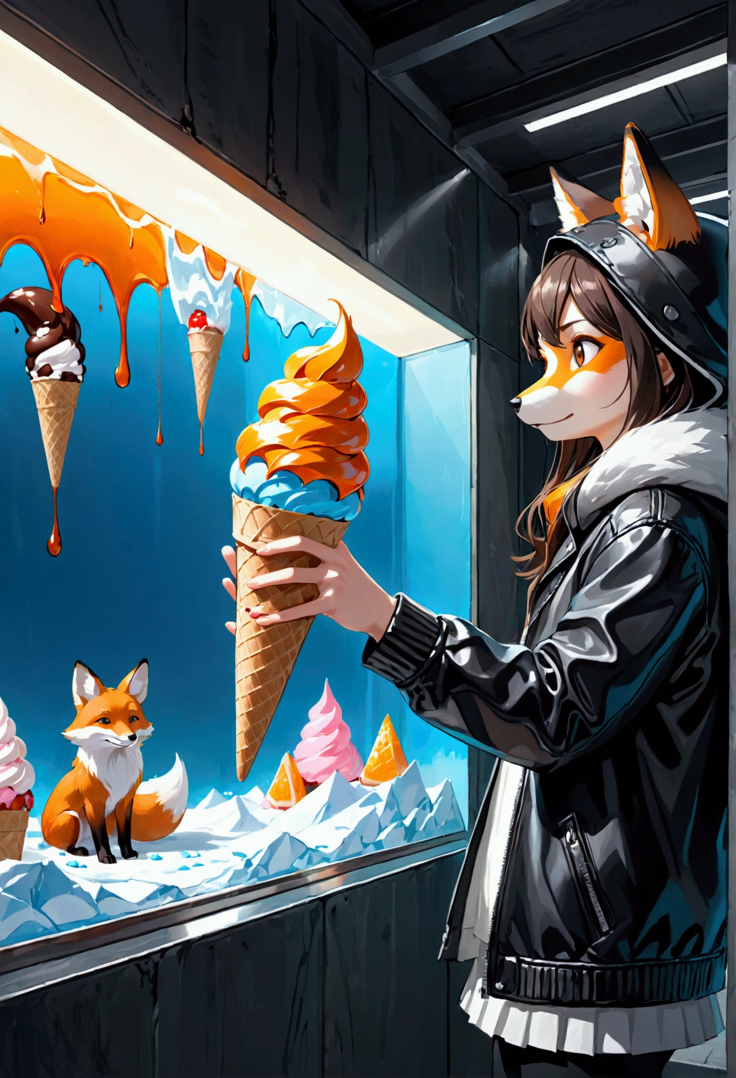 Here’s the text in English:

"Imagine a fox wearing a leather jacket with a hood over its head, depicted in realistic 3D, in the style of an animated film. The fox is holding out an empty ice cream cone toward the screen, presented from a 3D perspective. The image should have a high level of realism, with the fox's fur being gray and white. The environment will be dark, with a somber atmosphere. The empty ice cream cone should be detailed, and the image should convey a strong 3D perspective with a lot of realism."
