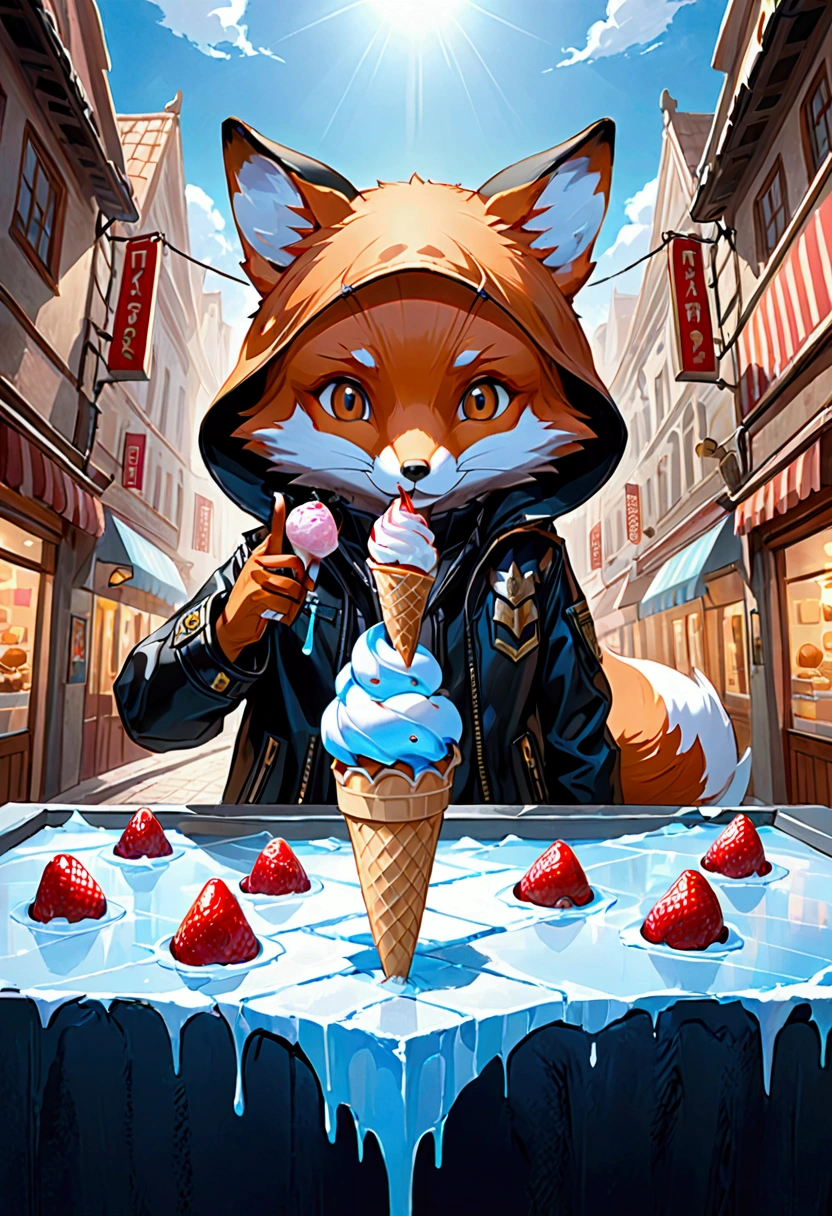 Here’s the text in English:

"Imagine a fox wearing a leather jacket with a hood over its head, depicted in realistic 3D, in the style of an animated film. The fox is holding out an empty ice cream cone toward the screen, presented from a 3D perspective. The image should have a high level of realism, with the fox's fur being gray and white. The environment will be dark, with a somber atmosphere. The empty ice cream cone should be detailed, and the image should convey a strong 3D perspective with a lot of realism."