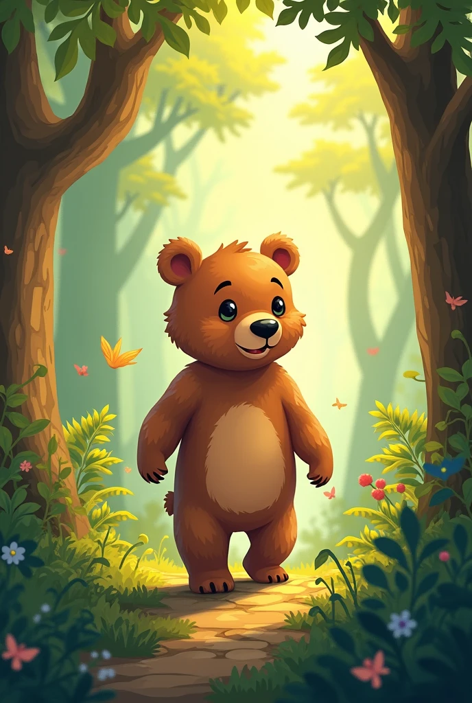 Create a cover for a story about a brown baby bear lost in the woods in cartoon style