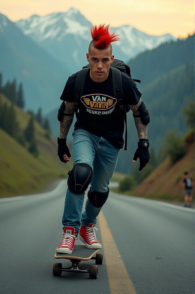 a young Punk skateboarding with red mohawk and upturned jacket covered in tattoos on his arms, confidently riding a skateboard down a winding mountain road ferry fasted, framed by the night golden light of the street. He is wearing a black t-shirt with a vintage VAN logo on his chest and a bag on his back, and denims jeans and use red converse shoes. The man look at the camera, his hands protected by black gloves, adding a personal touch to the thrilling scene. He also wears knee and elbow pads, ensuring safety as he navigates the turns with ease. The background is midnight lanscape features rolling green hills and snow-capped mountains in the distance, creating a stunning contrast to the rider’s dynamic movements, amplifying the excitement. In the distance. The image exudes the thrill of downhill skateboarding, the beauty of the natural scenery, and the fearless energy of the rider, with an Instagram-worthy night atmosphere.