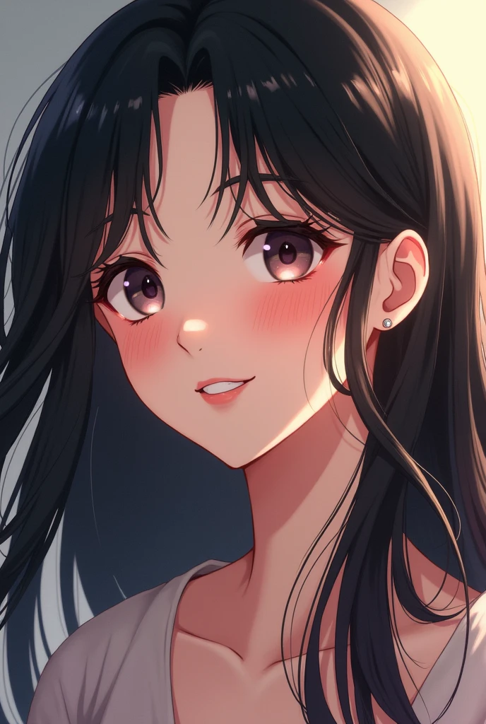 A woman with a beautiful smile and long black hair like an anime