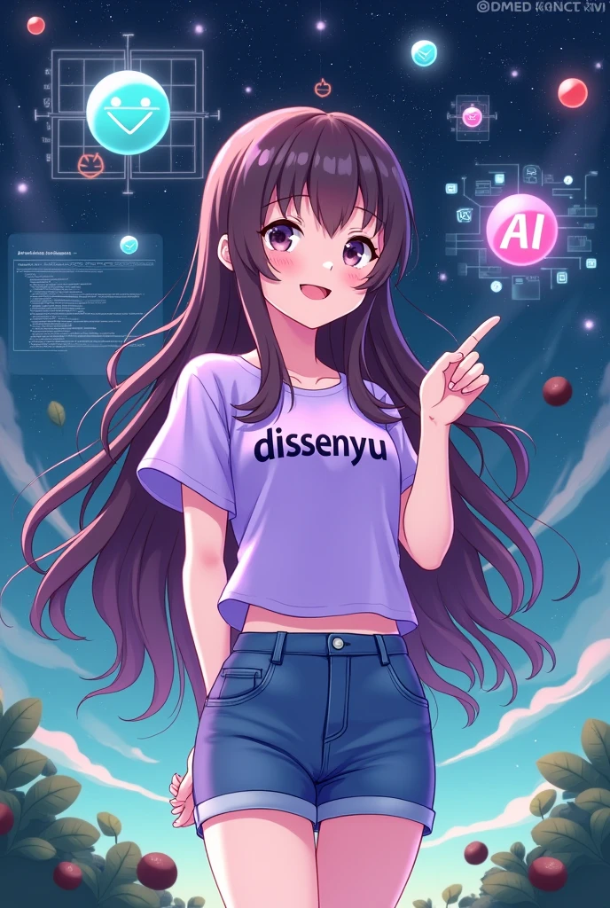 Smiling anime girl in short jeans, Light purple t-shirt with the text “dissenyu” in black, Very long hair, seeds, chestnut, admiring artificial intelligence as in a navy blue universe, with ia tools, about artificial intelligence and the girl pointing her fingers at them. Use lilac and light green colors.