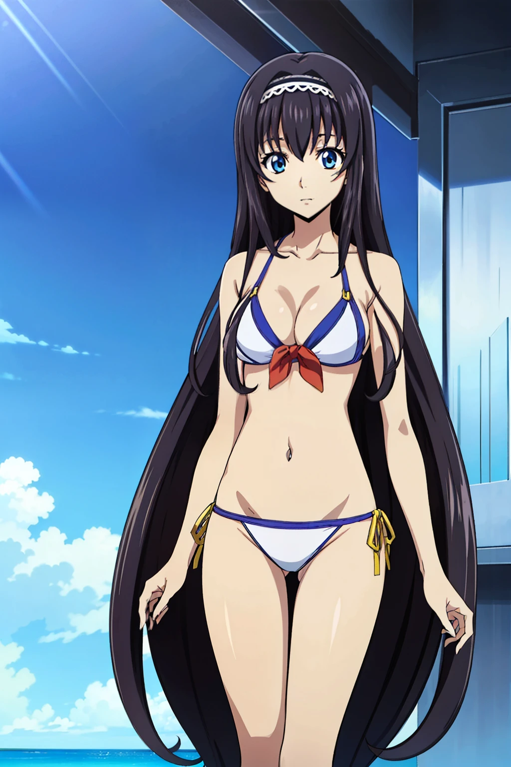 Black Hair,Long Hair,blue eyes,bangs, ((髪band)), Anime cel style,masterpiece, Highest quality, Very detailed, A Anime Girl, (White High-cut swimwear with blue lines)、Voluptuous body、One leg on a pedestal、Official artwork, Visual Novel CG, Beautiful Anime, Anime Style 4k,