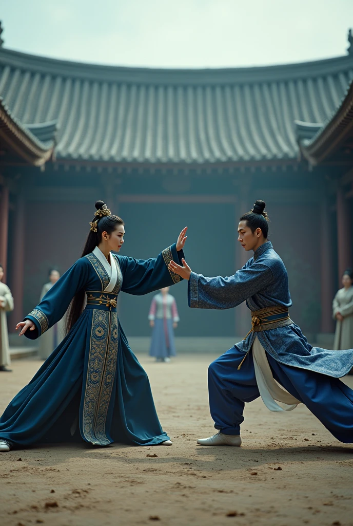 In the full Tang Dynasty, a beautiful princess wearing a dark blue and white dress, full of Tang Dynasty official regalia, was performing martial arts and holding a palm pose against a man, looking fierce. Inside an abandoned building outside the Tang Dynasty city, in the atmosphere of a large courtyard, there were five people standing around.