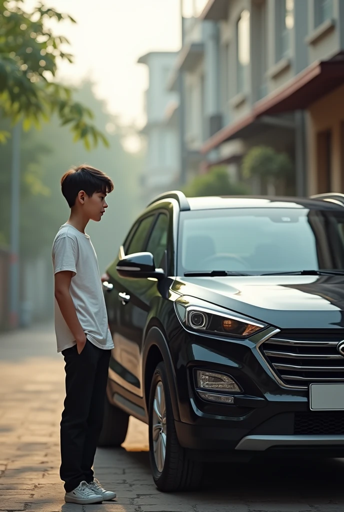 A  young boy 14years  in black pant and white shirt  side black hundai creta 
