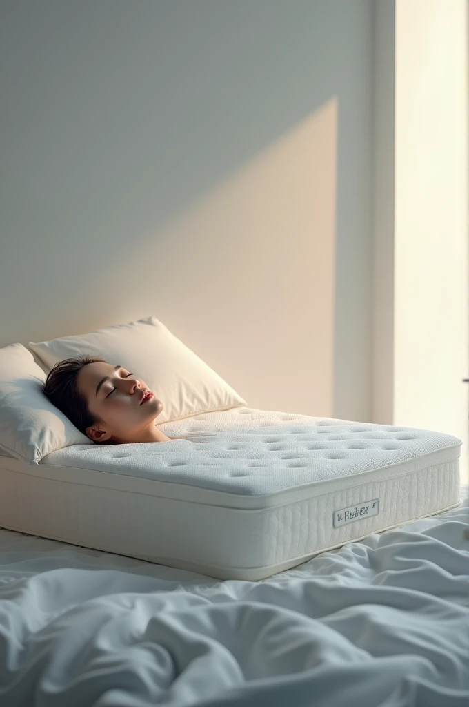 There was a man lying on a mattress in the bedroom, Lie down in bed, Bed, comfortable, un made bed, bed is not made, soft. High quality, nanquan, while posing in the same bed, detailed with high quality, Beds, advertisement picture, reclining on her bed, soft - warm, laying back on the bed, large comfy bed