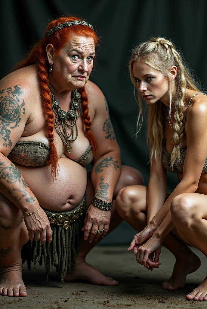 Photo visible feet of a open legs squatting barefoot old women, an 80-year-old chubby Viking woman, sitting on the floor alongside her 30-year-old lady barefoot. The mature has fair skin, large sagging breasts, a very muscular body, and a strikingly beautiful face with large green eyes and cracked lips. Her thick red hair is styled in a single braid. She appears dirty, covered in mud with scrapes and bruises, and is wearing a tight Viking bikini that is too small for her body, along with Viking accessories. The other lady is a fit and athletic 30-year-old Viking woman, is also barefoot, with fair skin, long blonde hair in a neat braid, and is similarly dirty with scrapes and bruises. She is wearing a tight Viking bikini that is too small for her body, complemented by Viking accessories. Her face shows sorrow and shame, with large green eyes and full lips. The image is visible feet open legs squatting captured in a high-quality studio setting with excellent lighting and details.