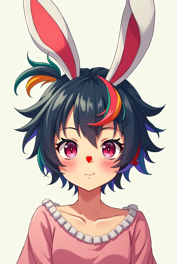 Shortcuts, Colorful Hair, Side Ponytail, Bunny ears, Hide your ears, Nose bright red, Character portrait, Anime Style, Japanese illustration style,