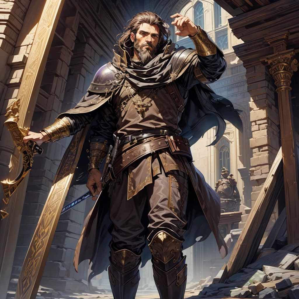 {{masterpiece, best quality, extremely detailed CG, unity 8k wallpaper, cinematic lighting}} Male with short brown hair, short beard, strong features, wearing violet and gold Nobles clothes, Leather boots, holding a sword, Flowing cloak