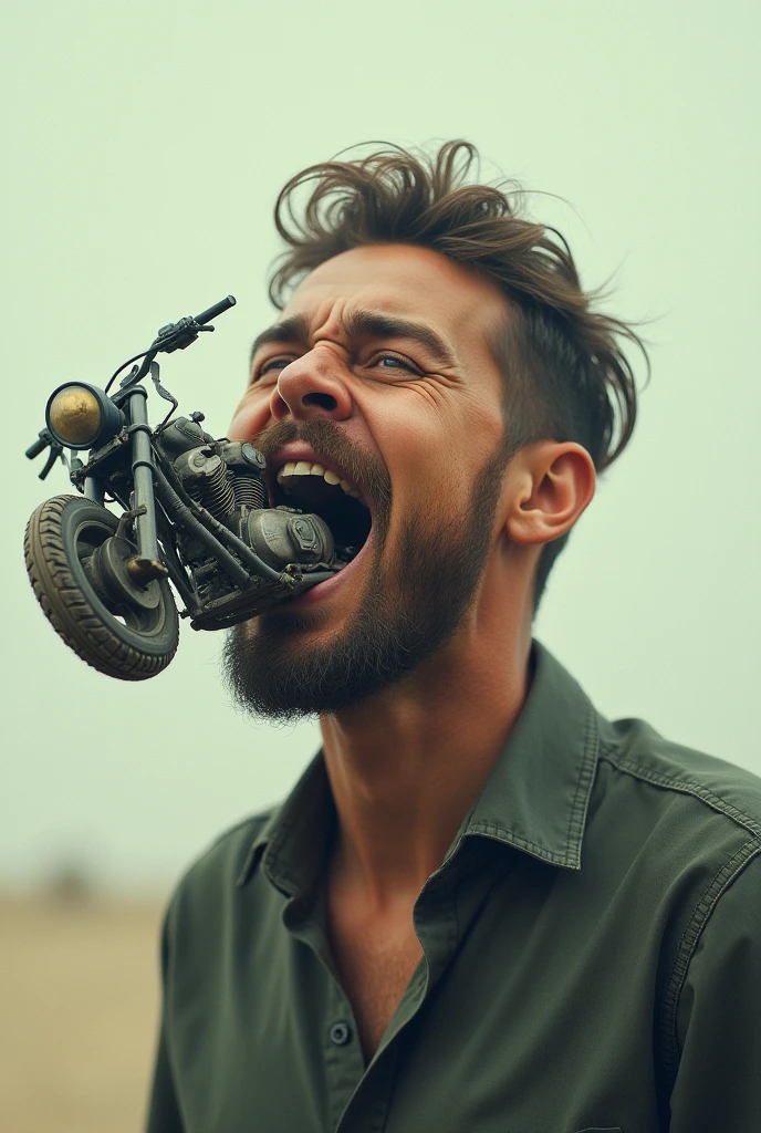 Man with motorcycle in his mouth
