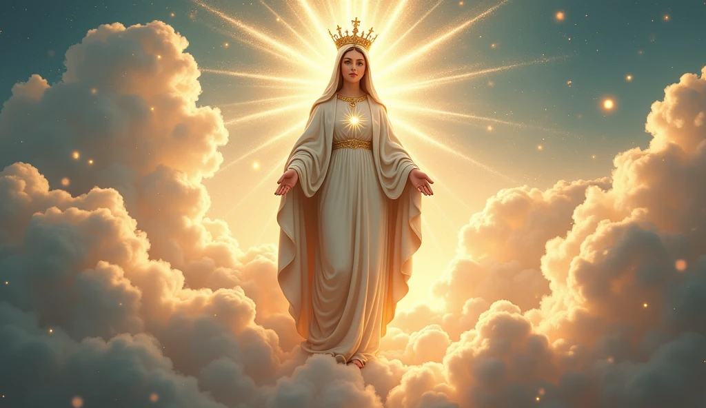 Create an image of Virgin Mary standing on the clouds, with sparkling lights all around, showing her as Queen of Heaven."

