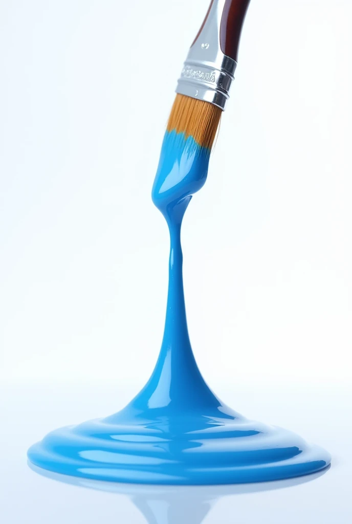 A paintbrush on a white background tilted downwards, a vibrant blue drop falling 