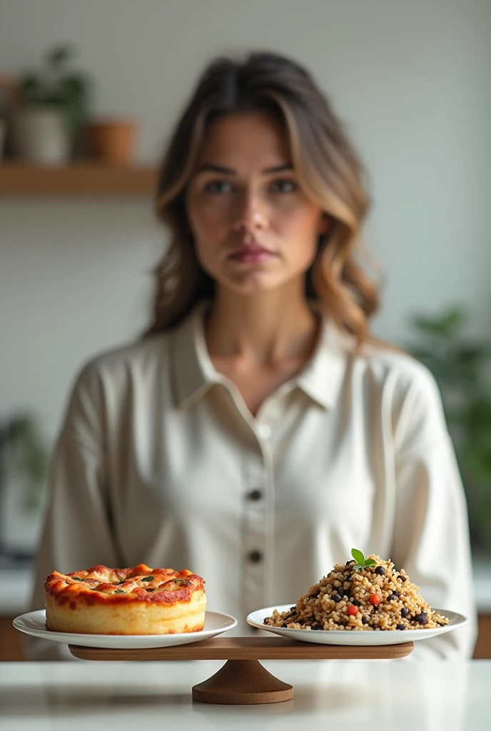 image of a white scale, On one side of the scale there is a piece of cake and pizza and on the other a healthy plate of rice and beans, with a woman in the background wearing normal home clothes, ultra realistic pictures