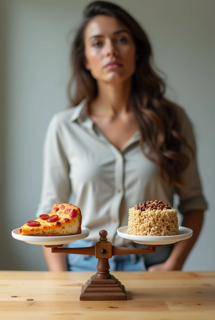 image of a white scale, On one side of the scale there is a piece of cake and pizza and on the other a healthy plate of rice and beans, with a woman in the background wearing normal home clothes, ultra realistic pictures