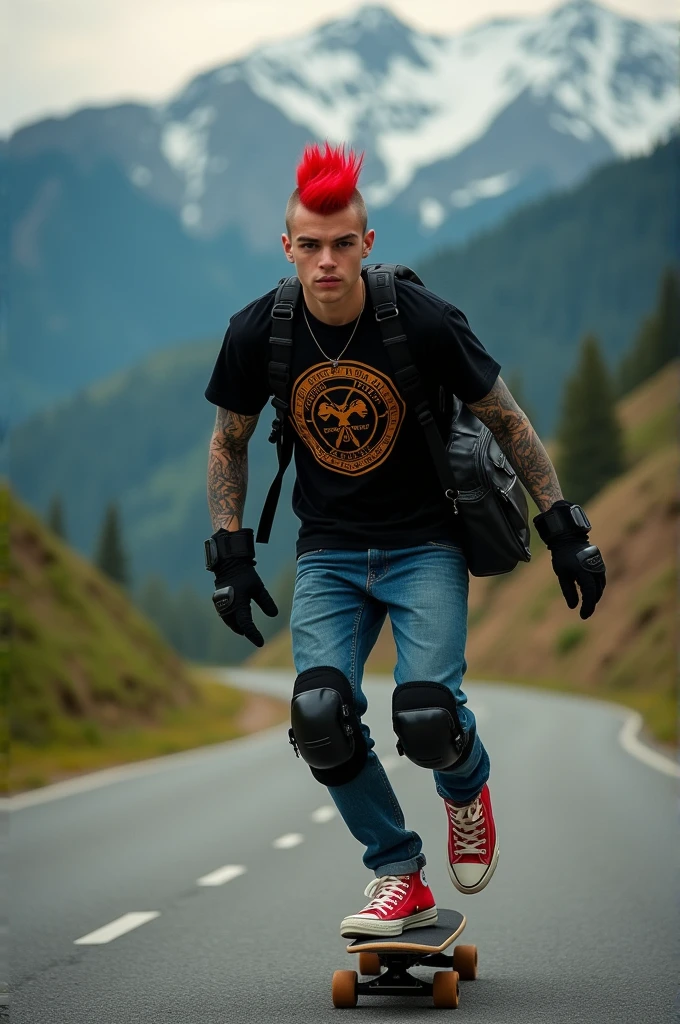 a young Punk skateboarding with red mohawk and upturned jacket covered in tattoos on his arms, confidently riding a skateboard down a winding mountain road ferry fasted, framed by the night golden light of the street. He is wearing a black t-shirt with a vintage VAN logo on his chest and a bag on his back, and denims jeans and use red converse shoes. The man look at the camera, his hands protected by black gloves, adding a personal touch to the thrilling scene. He also wears knee and elbow pads, ensuring safety as he navigates the turns with ease. The background is midnight lanscape features rolling green hills and snow-capped mountains in the distance, creating a stunning contrast to the rider’s dynamic movements, amplifying the excitement. In the distance. The image exudes the thrill of downhill skateboarding, the beauty of the natural scenery, and the fearless energy of the rider, with an Instagram-worthy night atmosphere.