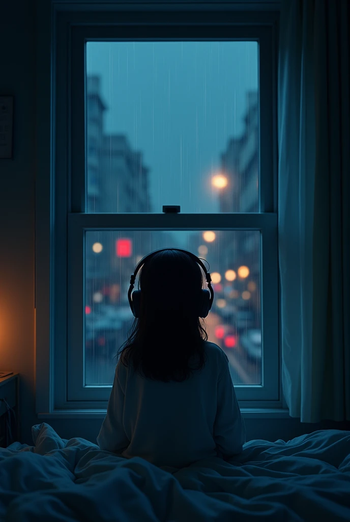 A girl wearing headphone is watching outside from her bedroom's window. The time is night and raining outside. The theme is lofi.
