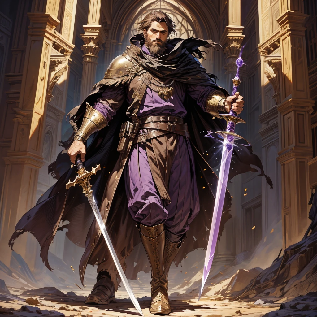 {{masterpiece, best quality, extremely detailed CG, unity 8k wallpaper, cinematic lighting}} Male with short brown hair, short beard, strong features, wearing violet and gold Nobles clothes, Leather boots, holding a sword, Flowing cloak
