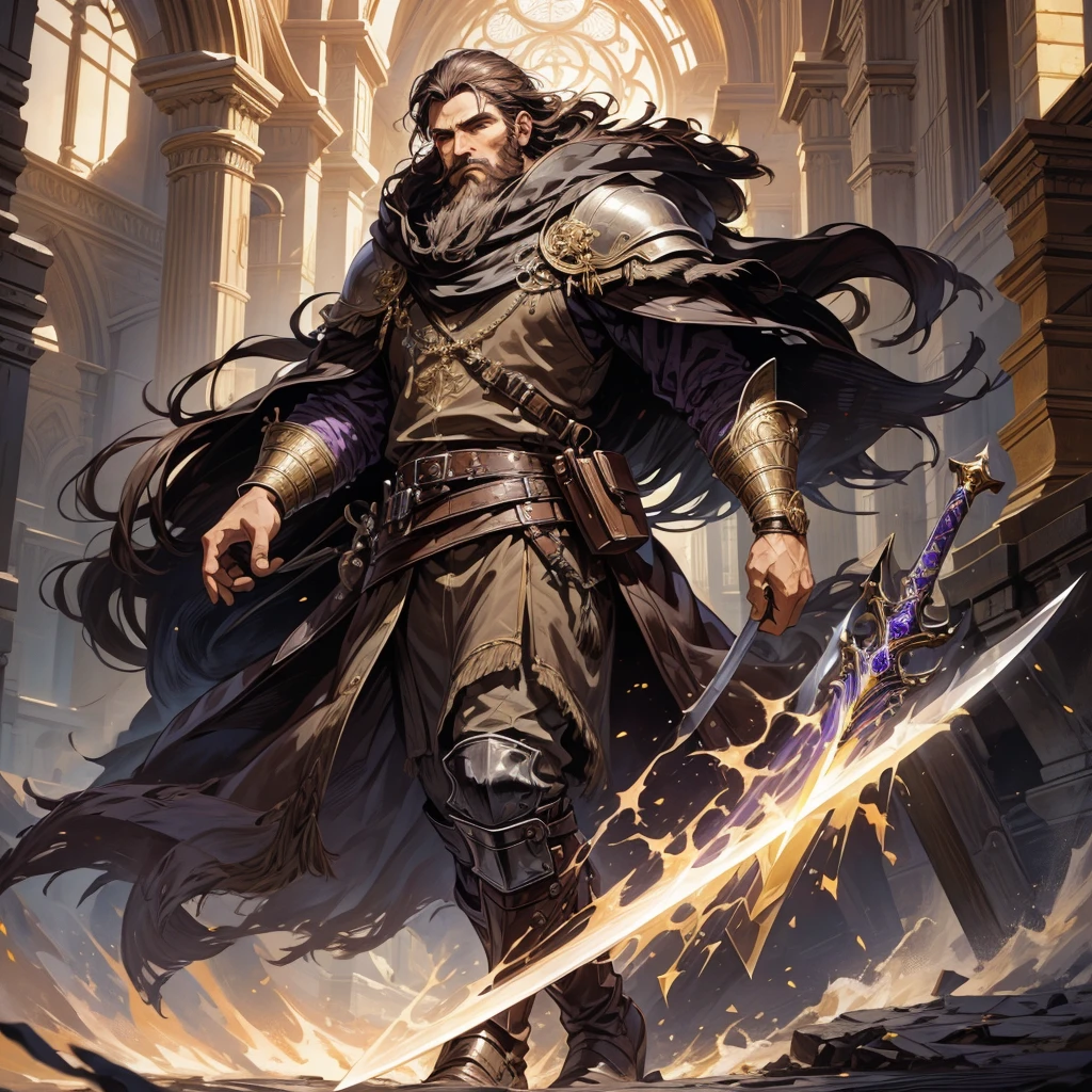 {{masterpiece, best quality, extremely detailed CG, unity 8k wallpaper, cinematic lighting}} Male with short brown hair, short beard, strong features, wearing violet and gold Nobles clothes, Leather boots, holding a sword, Flowing cloak