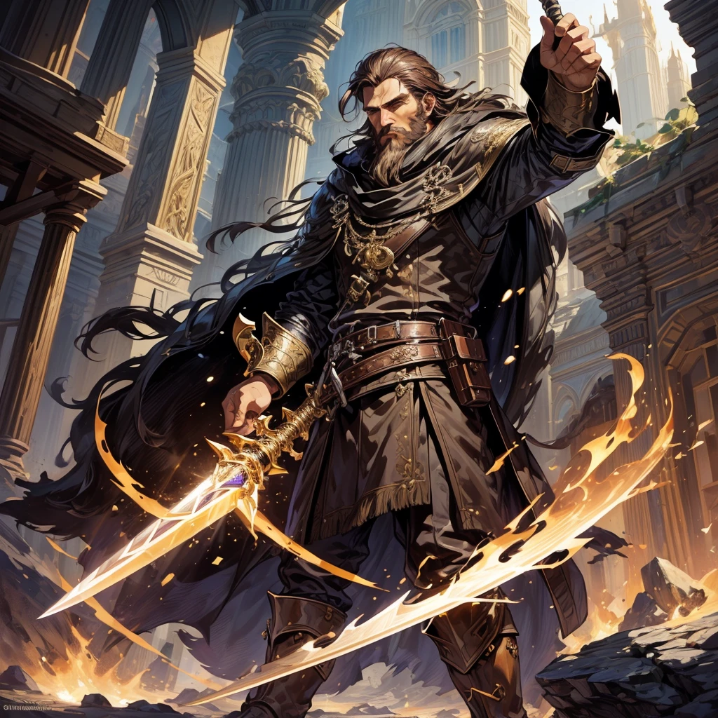 {{masterpiece, best quality, extremely detailed CG, unity 8k wallpaper, cinematic lighting}} Male with short brown hair, short beard, strong features, wearing violet and gold Nobles clothes, Leather boots, holding a sword, Flowing cloak