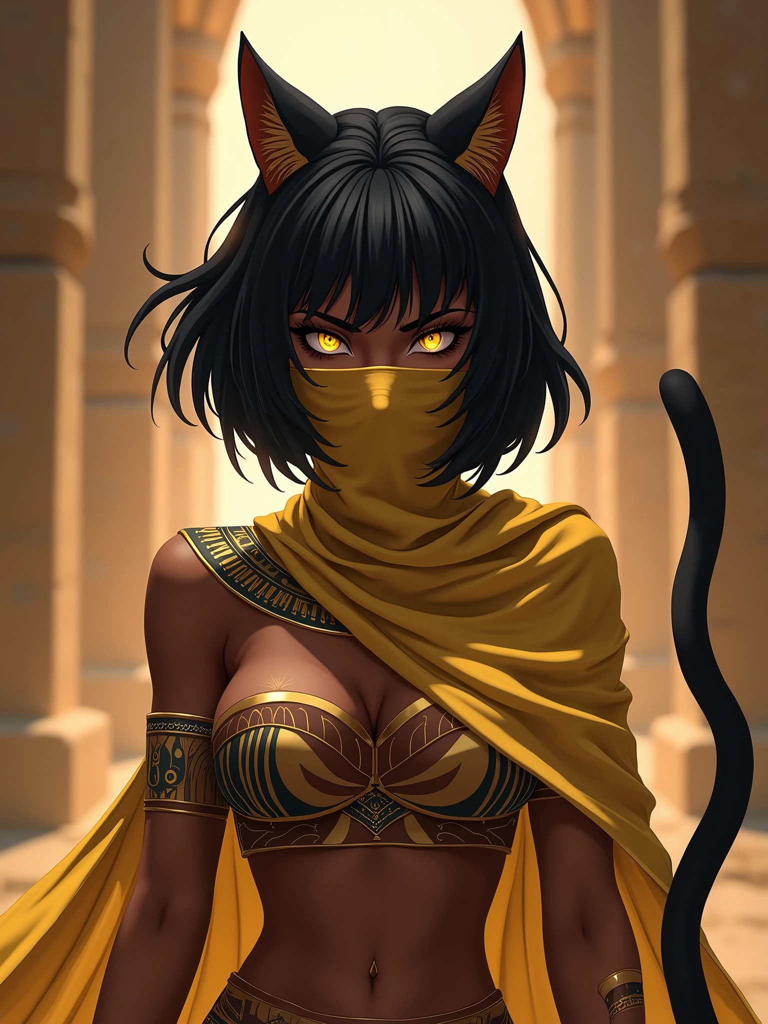 Bastet,Brown skin, gold details, black Egyptian cat, black cat paws, black cat tail, black hair with gold, Short Egyptian hair, yellow eyes, golden veil covering nose and lips Style anime