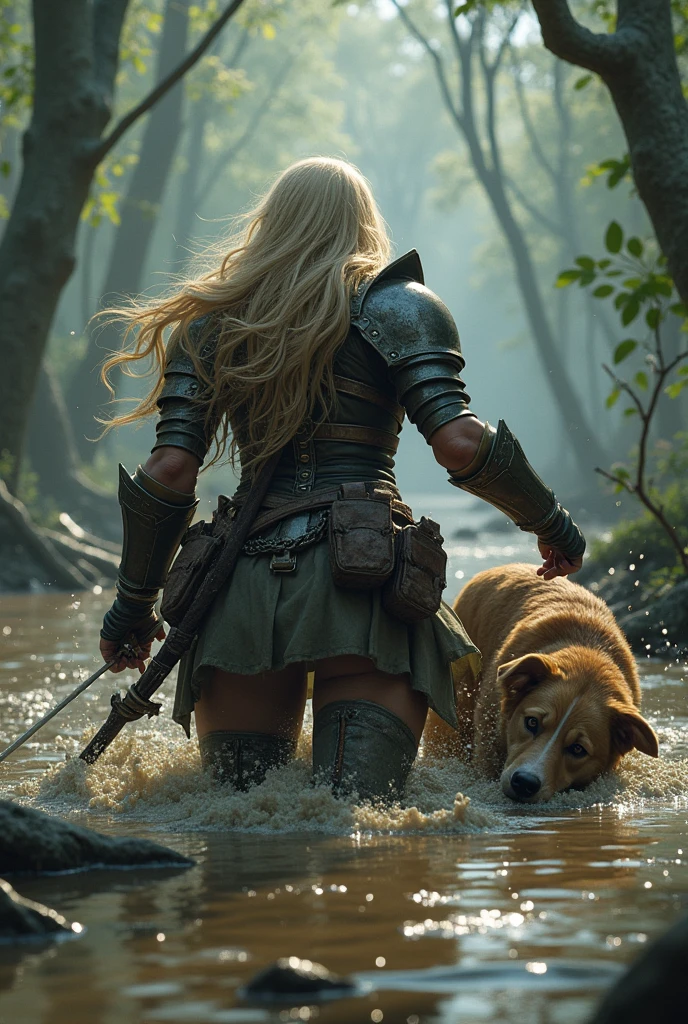 fantasy setting, a human warrior resembling Fire Emblem's Titania crawling away in a muddy swamp seen from behind with a dog biting a leg