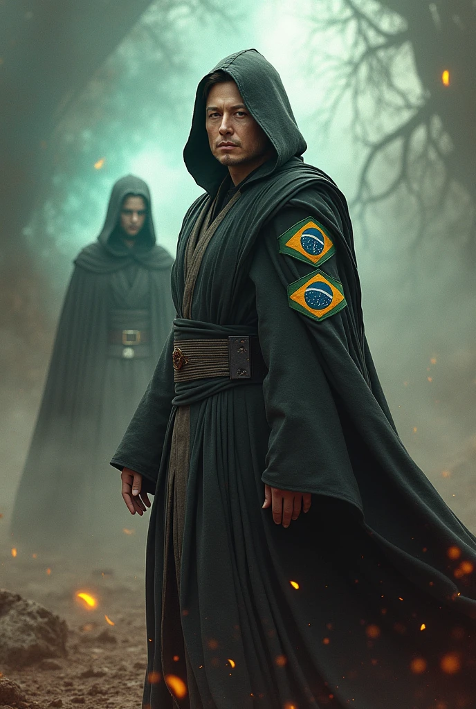 Image of Elon Musk wearing a Star Wars obi outfit with a Brazilian patch with lifting power over Voldemort away in a battle; insert Voldemort getting crushed